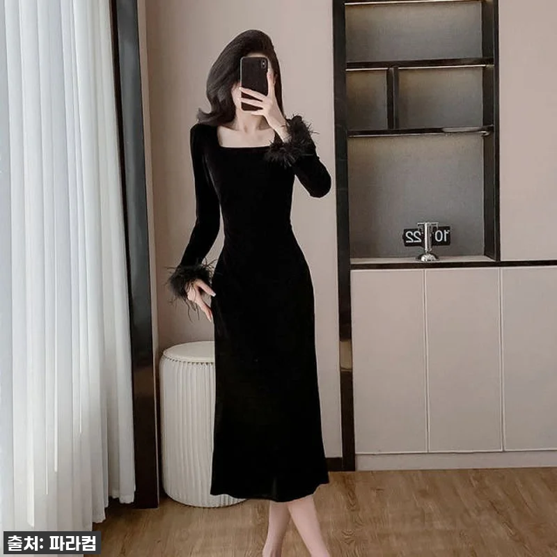 긴팔 슬림 벨벳 롱드레스 여성용 파티 관련 이미지 1