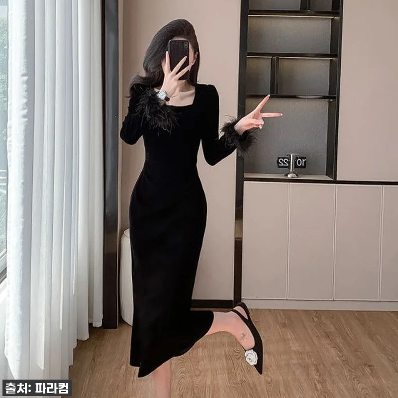 긴팔 슬림 벨벳 롱드레스 여성용 파티 관련 이미지 2