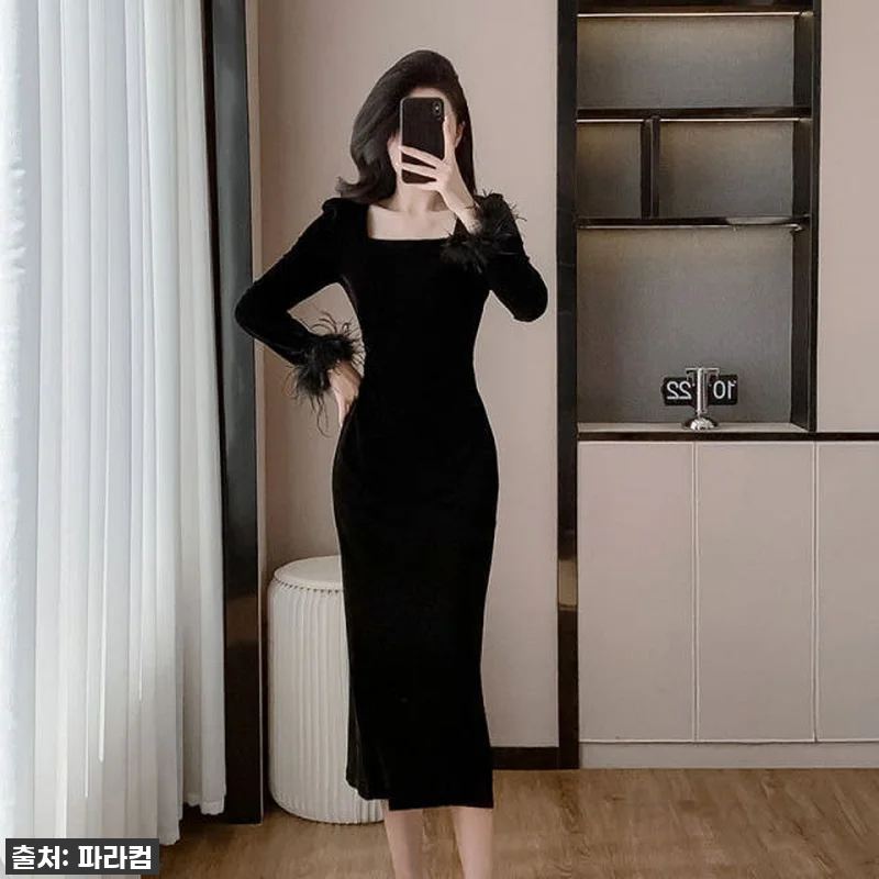 긴팔 슬림 벨벳 롱드레스 여성용 파티 관련 이미지 3