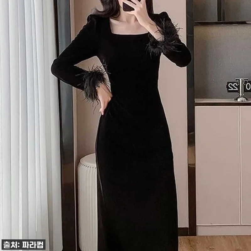 긴팔 슬림 벨벳 롱드레스 여성용 파티 관련 이미지 5