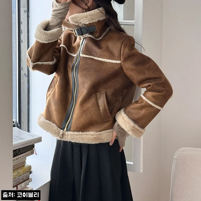 Home 46 겨울 하이넥 레더 여자 무스탕 자켓, 블랙 색감과 스웨이드 질감이 예쁜 코이블리 찐후기