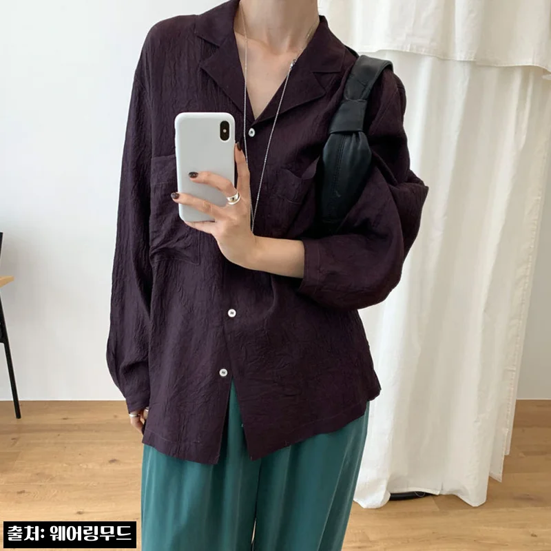 당일발송 어토프 에디 블라우스, 실키 새틴 루즈핏 카라 셔츠블라우스 3컬러 체크 포인트