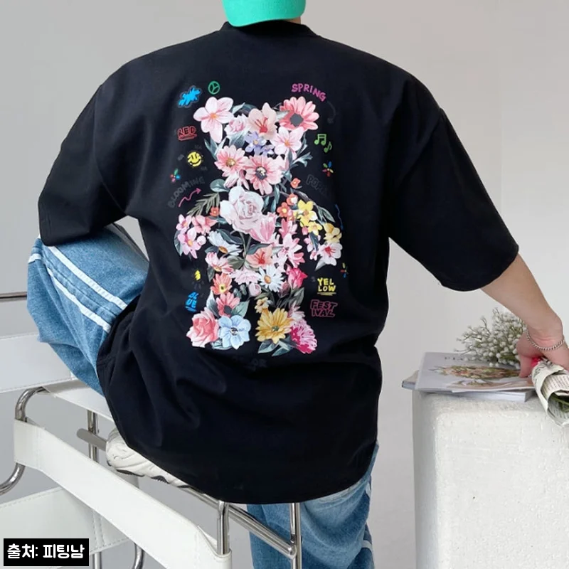 남자 꽃곰돌이 여름 오버핏 아이스 분또 면 반팔티, 귀여운 포인트와 여유핏이 눈에 띄는 이슈템